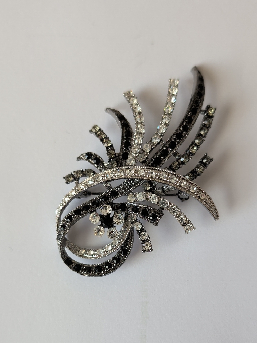Rhinestone Feather Brooch Pin - Black & Silver Accent